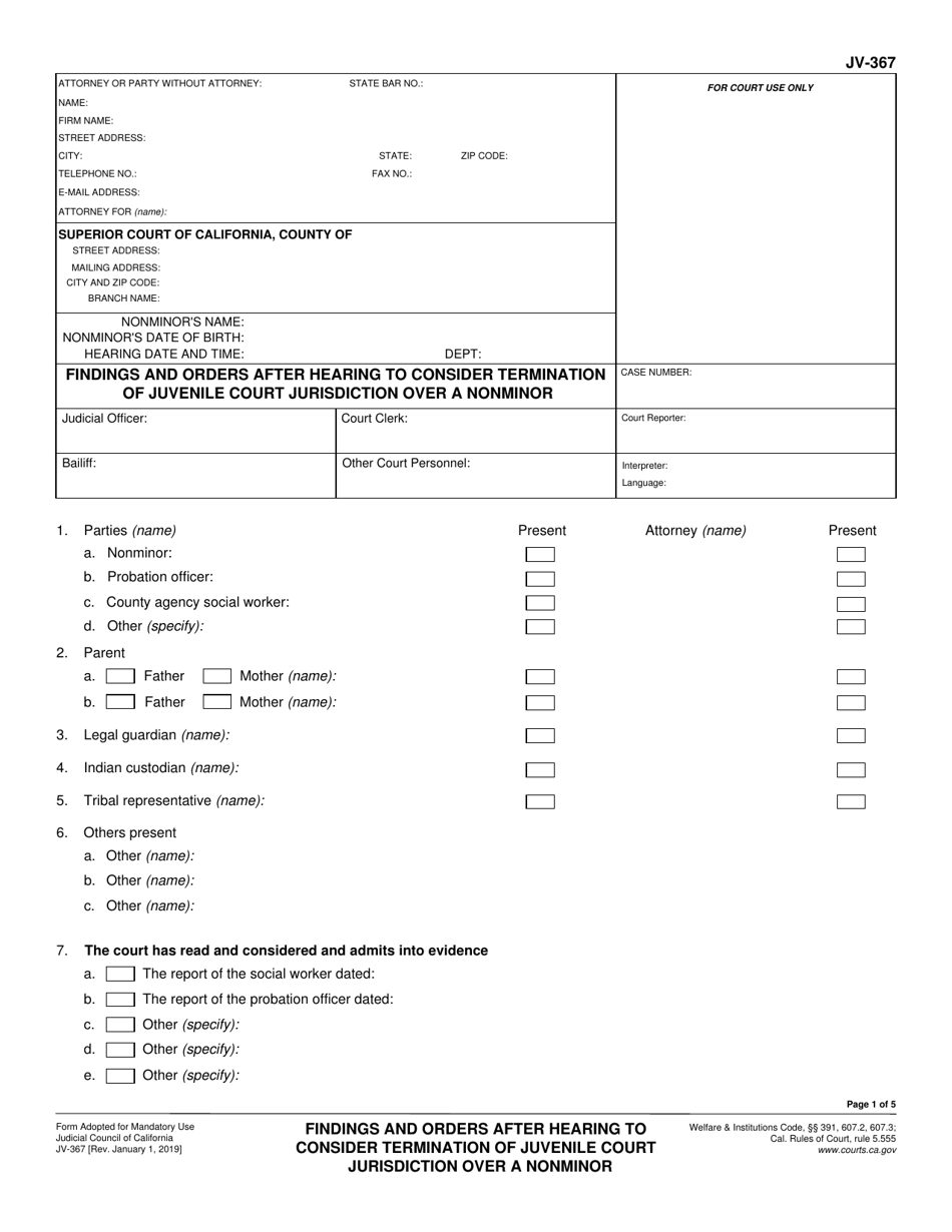 Form JV 367 Download Fillable PDF or Fill Online Findings and Orders