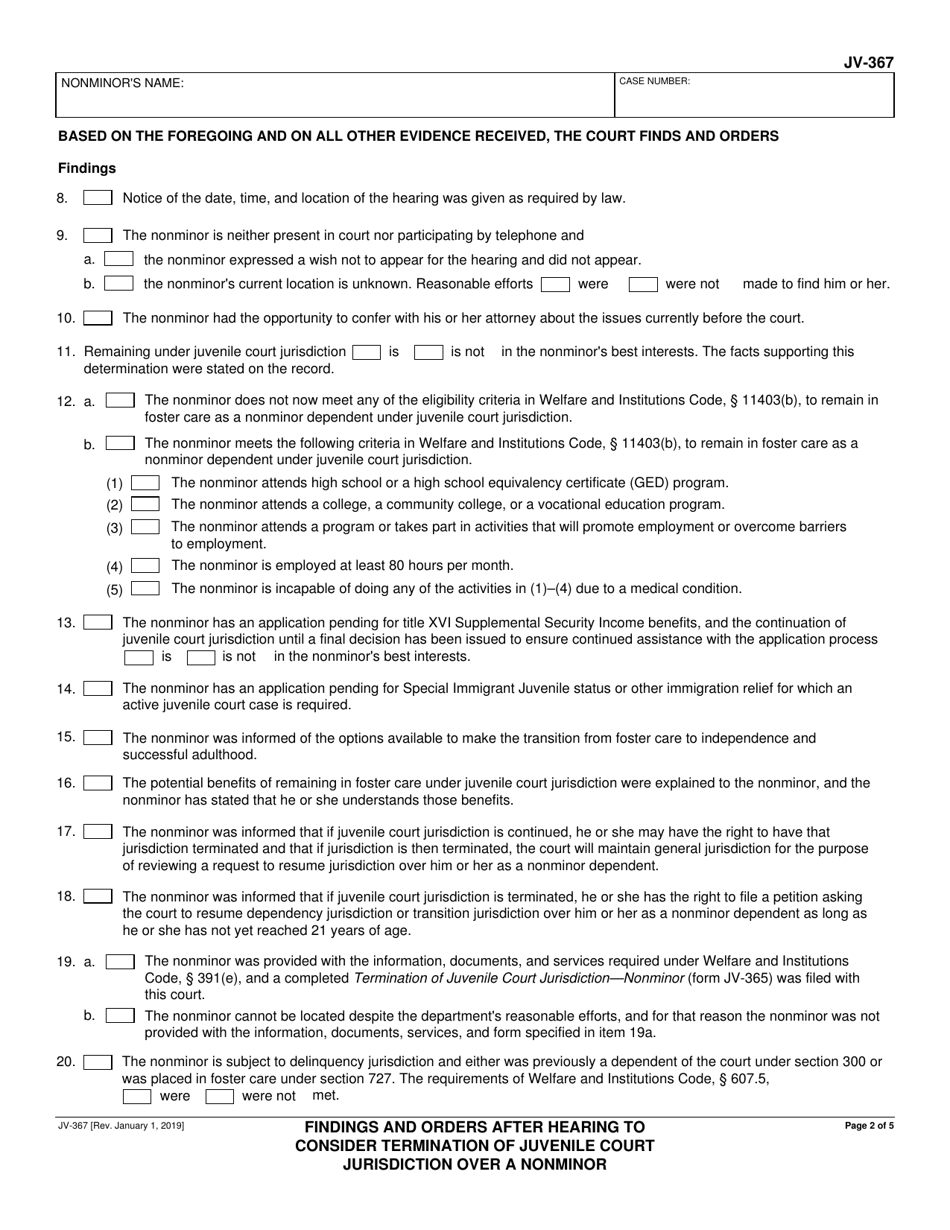 Form JV-367 Findings and Orders After Hearing to Consider Termination of Juvenile Court Jurisdiction Over a Nonminor - California, Page 2