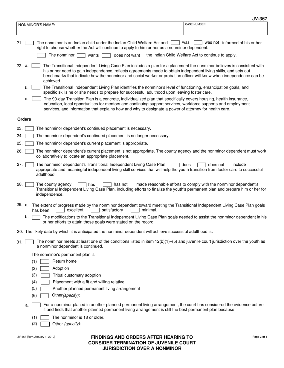 Form JV-367 Findings and Orders After Hearing to Consider Termination of Juvenile Court Jurisdiction Over a Nonminor - California, Page 3