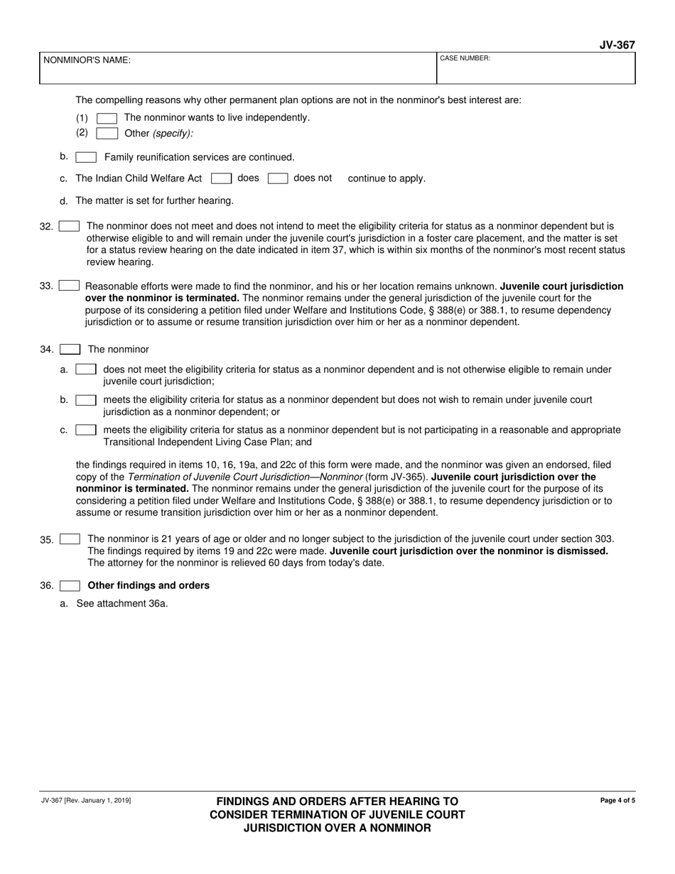 Form JV-367 Findings and Orders After Hearing to Consider Termination of Juvenile Court Jurisdiction Over a Nonminor - California, Page 4