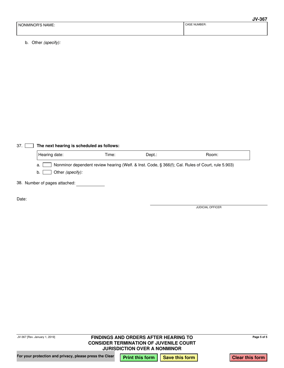 Form JV-367 Findings and Orders After Hearing to Consider Termination of Juvenile Court Jurisdiction Over a Nonminor - California, Page 5