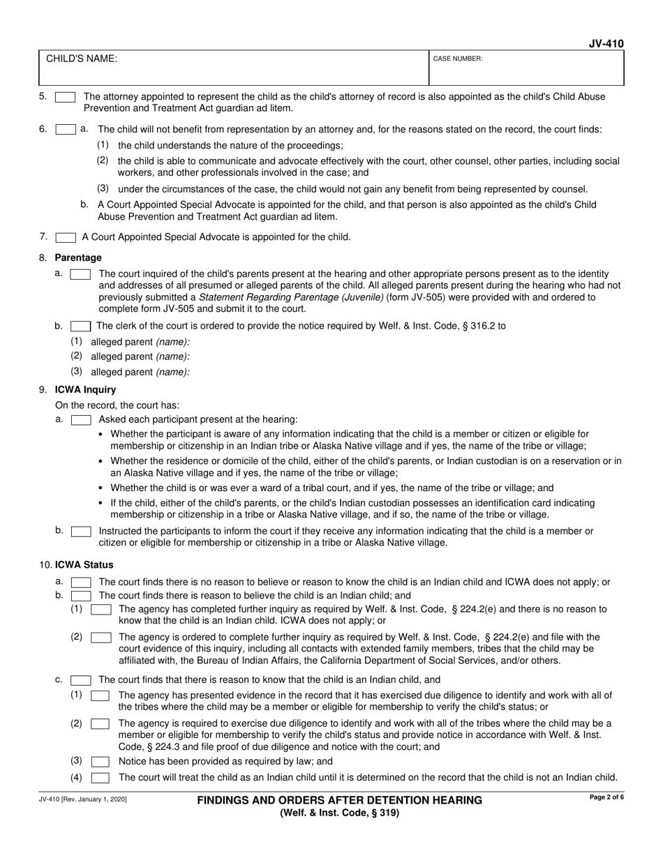 Form JV-410 Findings and Orders After Detention Hearing (Welf.  Inst. Code, 319) - California, Page 2