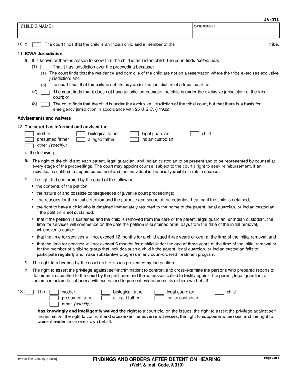 Form JV-410 Findings and Orders After Detention Hearing (Welf.  Inst. Code, 319) - California, Page 3