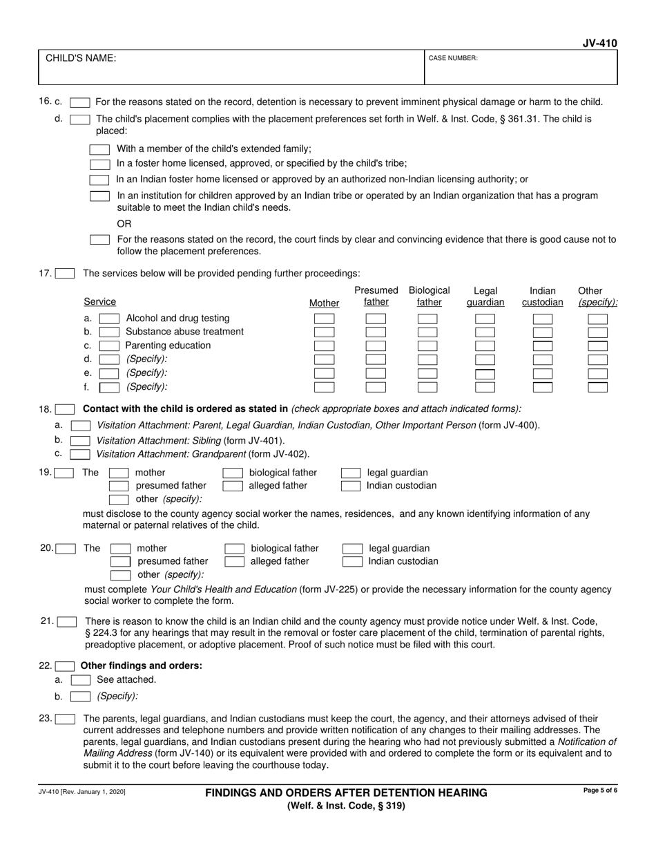 Form JV-410 Findings and Orders After Detention Hearing (Welf.  Inst. Code, 319) - California, Page 5