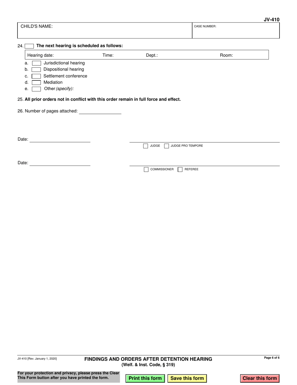 Form JV-410 Findings and Orders After Detention Hearing (Welf.  Inst. Code, 319) - California, Page 6