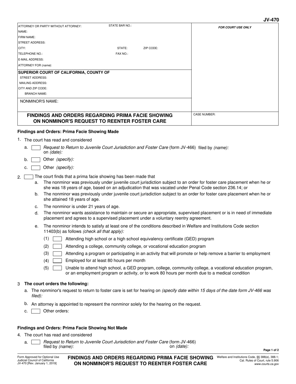 Form JV-470 Findings and Orders Regarding Prima Facie Showing on Nonminors Request to Reenter Foster Care - California, Page 1