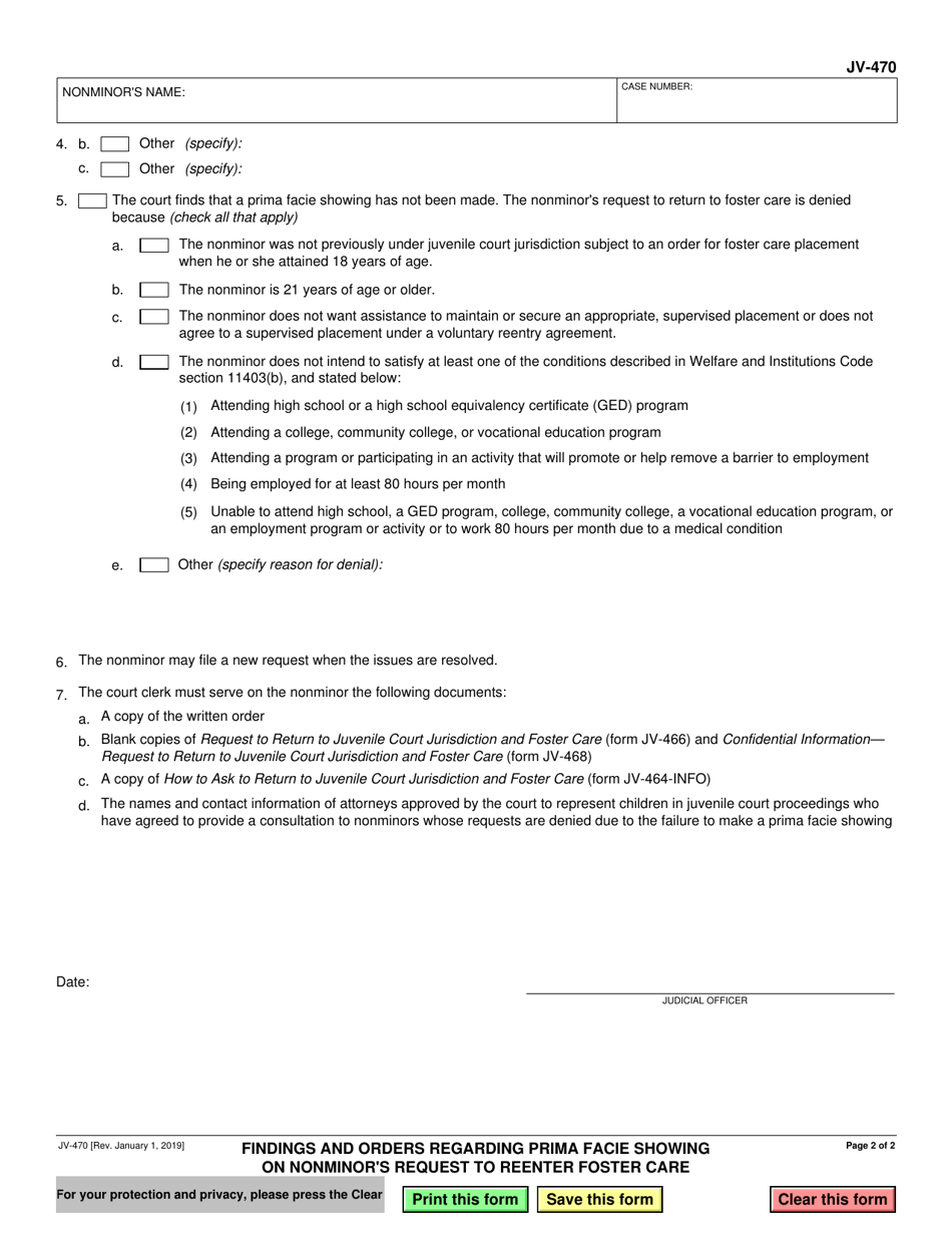 Form JV-470 Findings and Orders Regarding Prima Facie Showing on Nonminors Request to Reenter Foster Care - California, Page 2