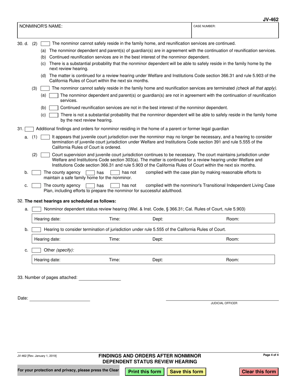 Form JV-462 Findings and Orders After Nonminor Dependent Status Review Hearing - California, Page 4