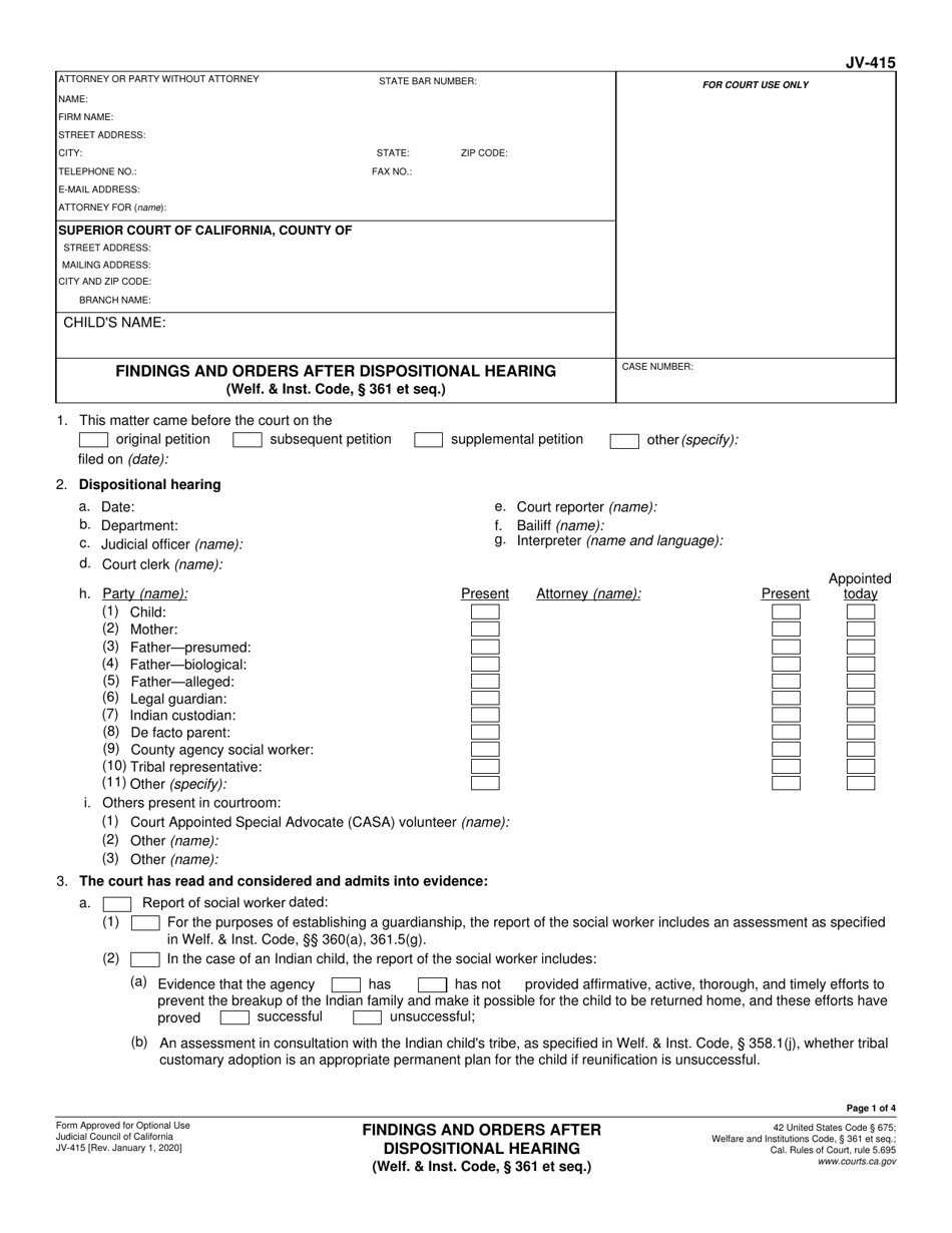 Form JV-415 Findings and Orders After Dispositional Hearing (Welf.  Inst. Code, 361 Et Seq.) - California, Page 1