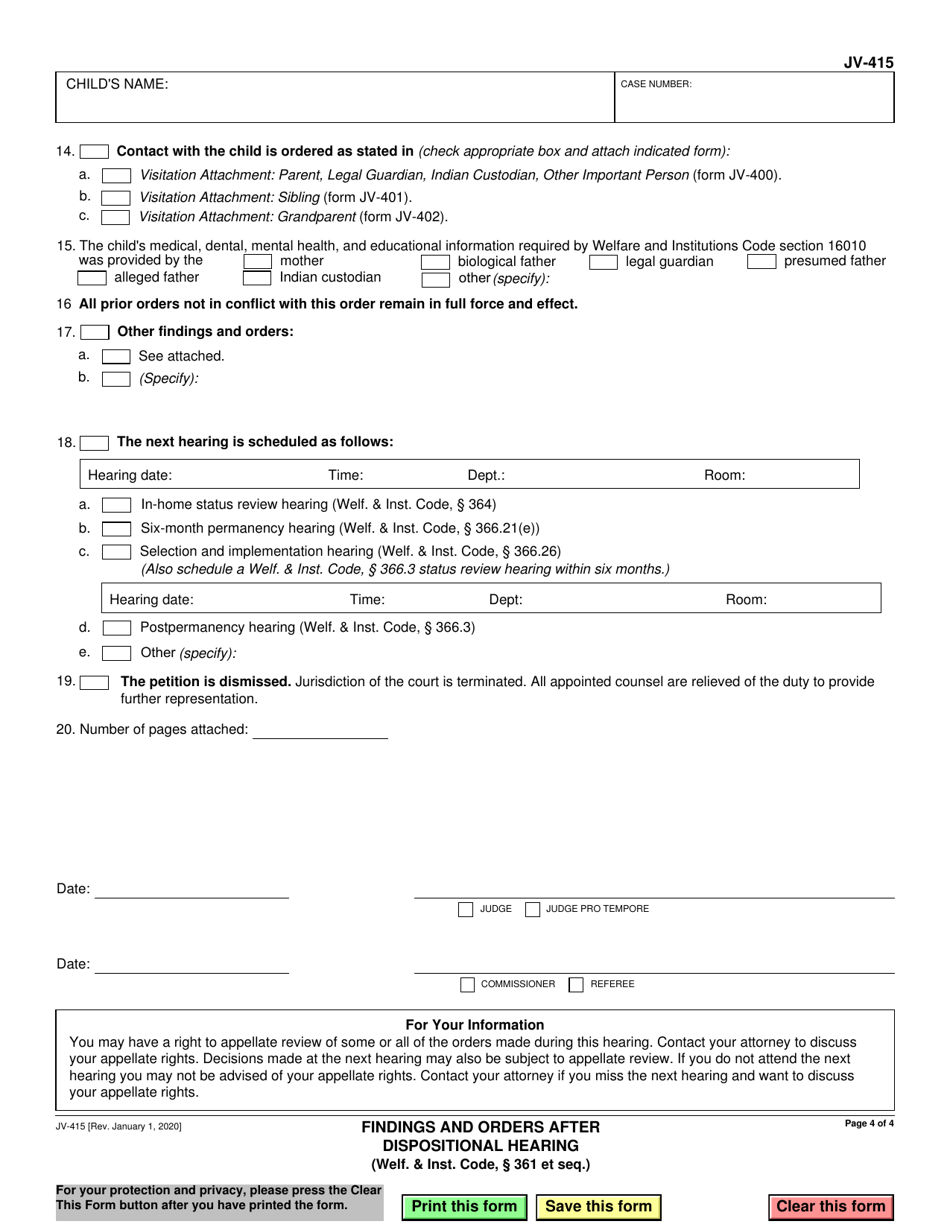 Form JV-415 Download Fillable PDF or Fill Online Findings and Orders ...