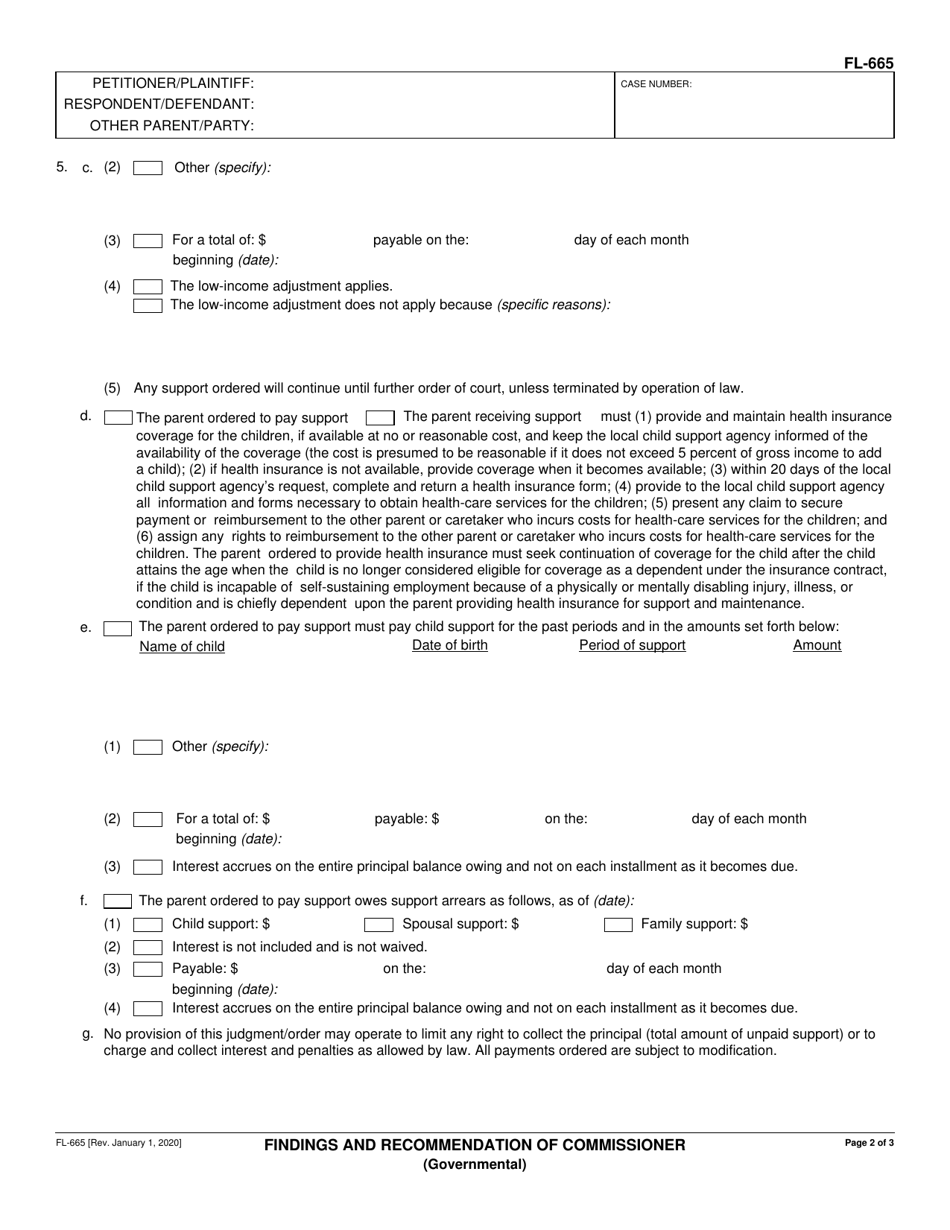 Form FL-665 Findings and Recommendation of Commissioner - California, Page 2