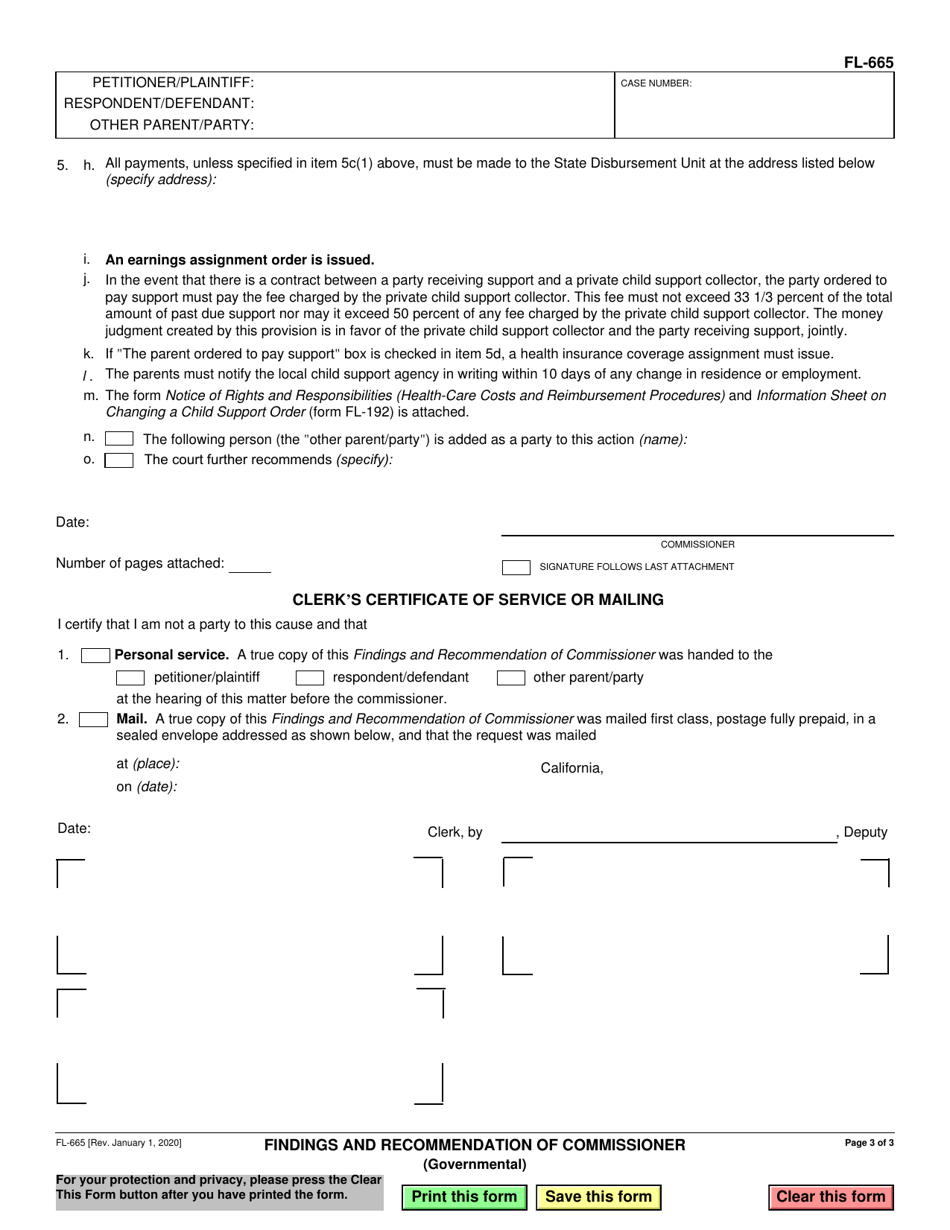 Form FL-665 Findings and Recommendation of Commissioner - California, Page 3