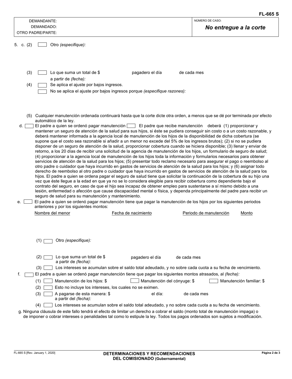Formulario FL-665 S Determinaciones Y Recomendaciones Del Comisionado - California (Spanish), Page 2