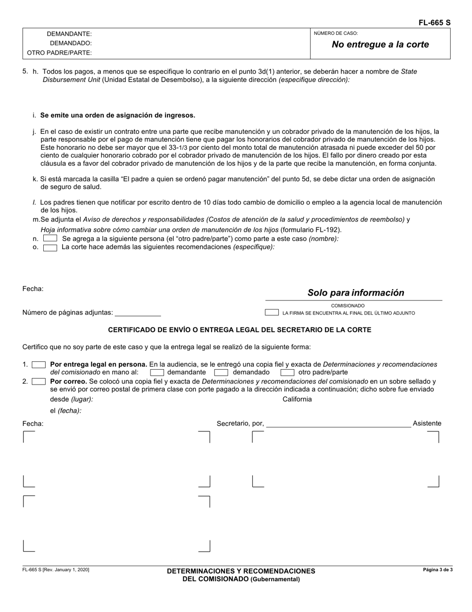 Formulario FL-665 S Determinaciones Y Recomendaciones Del Comisionado - California (Spanish), Page 3