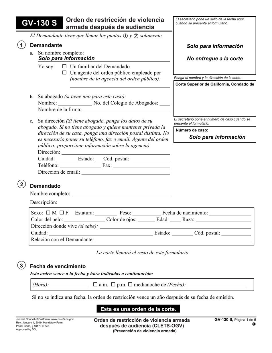 Formulario GV-130 S Orden De Restriccion De Violencia Armada Despues De Audiencia - California (Spanish), Page 1