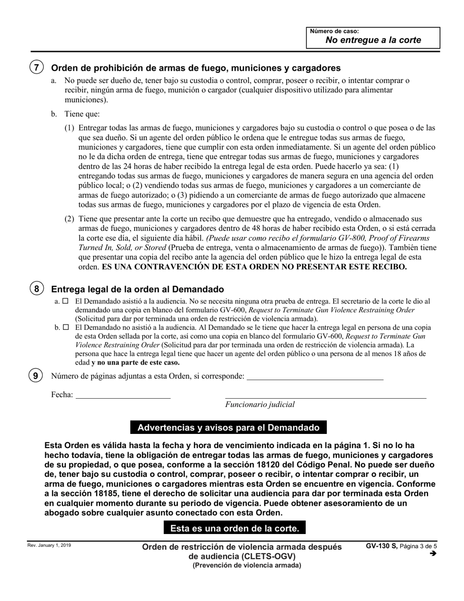 Formulario GV-130 S Orden De Restriccion De Violencia Armada Despues De Audiencia - California (Spanish), Page 3