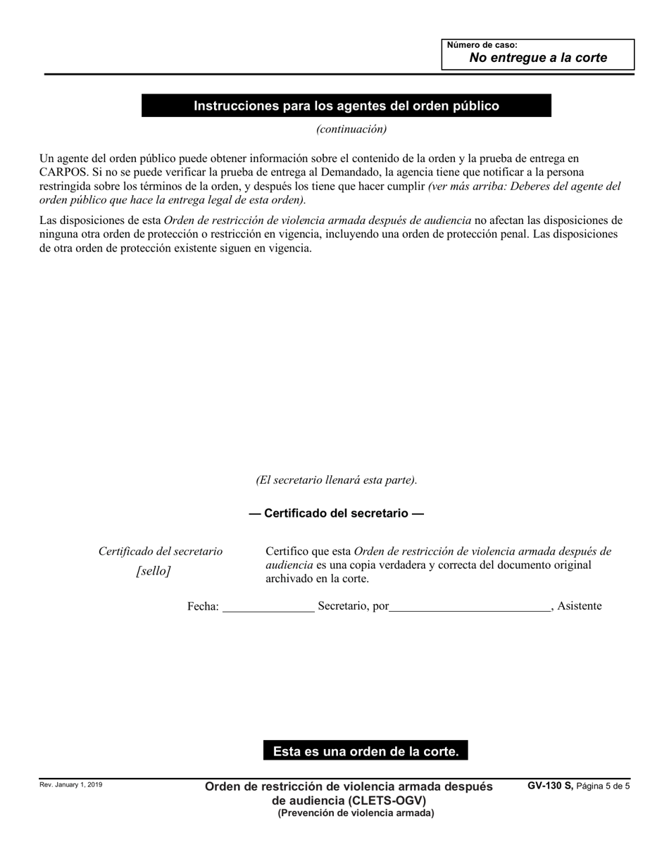 Formulario GV-130 S Orden De Restriccion De Violencia Armada Despues De Audiencia - California (Spanish), Page 5