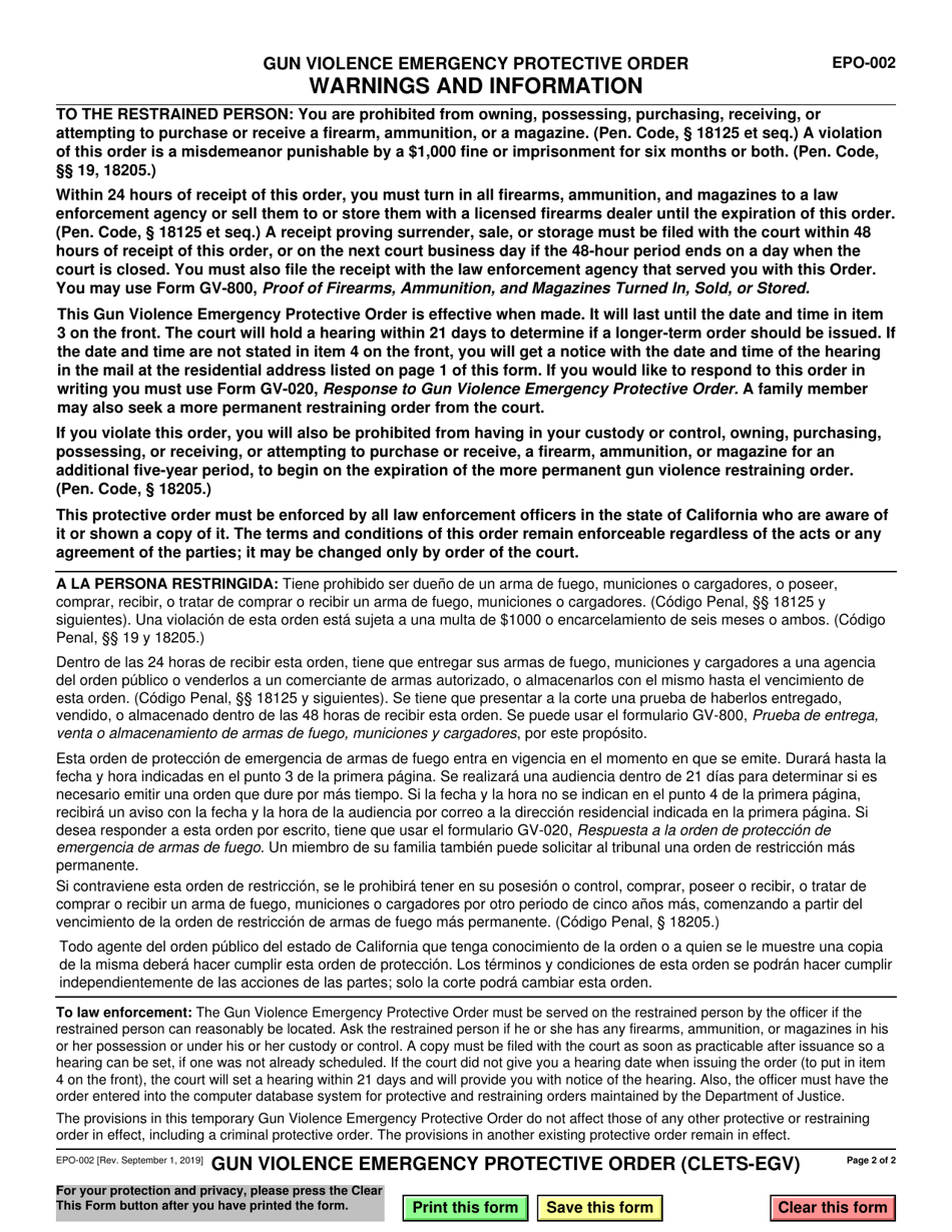 Form EPO-002 Gun Violence Emergency Protective Order - California, Page 2