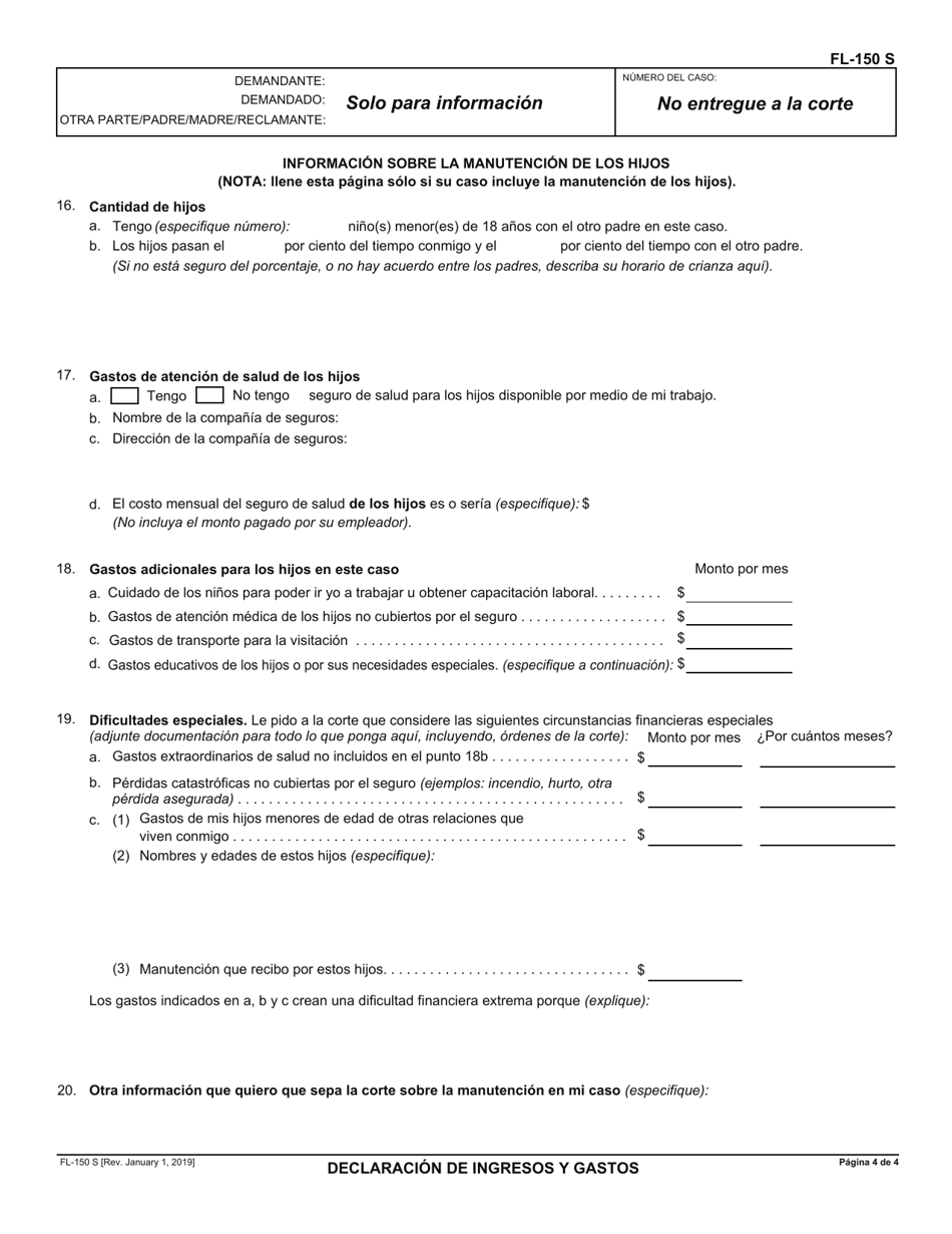 Formulario FL-150 S Declaracion De Ingresos Y Gastos - California (Spanish), Page 4