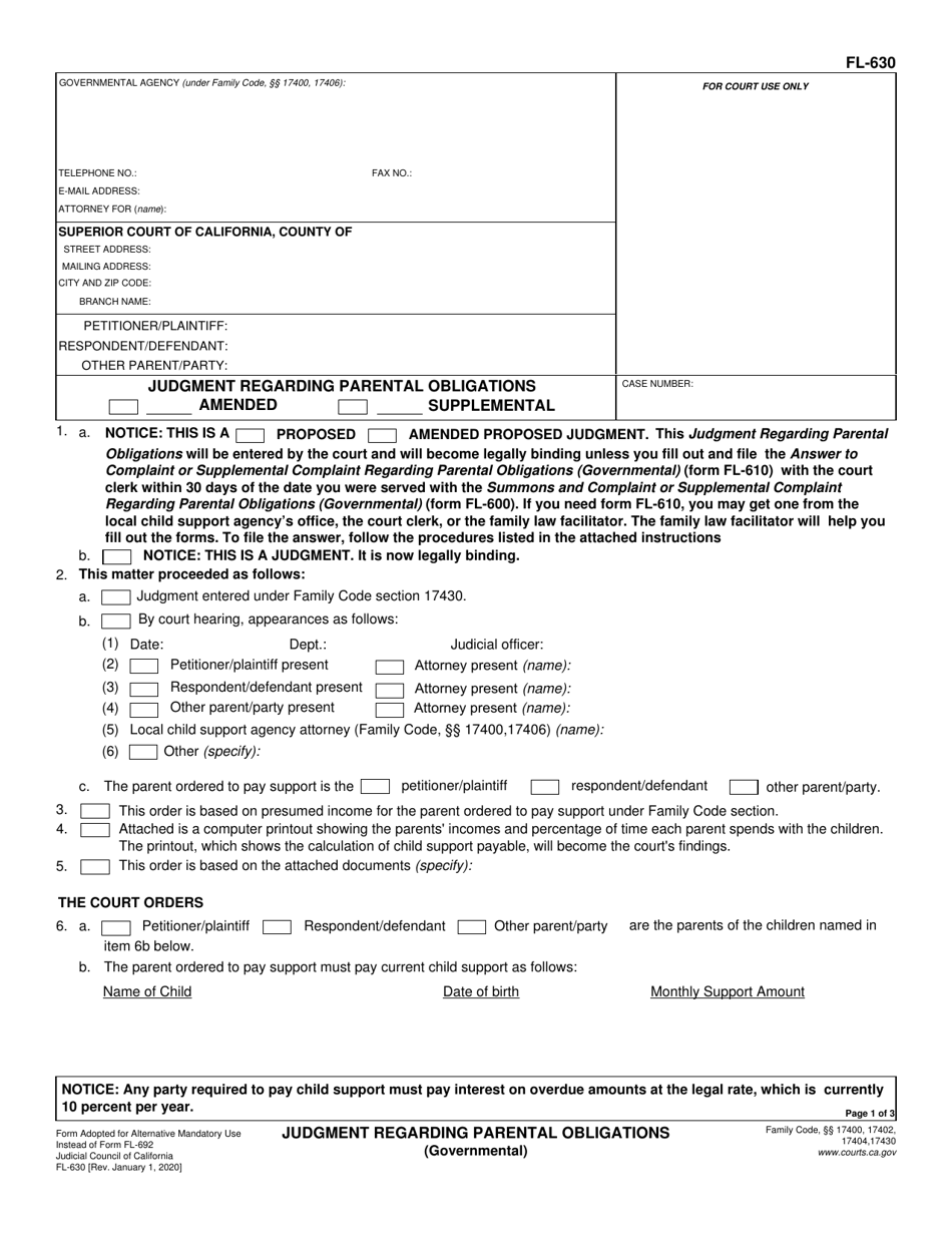Form FL-630 Judgment Regarding Parental Obligations (Governmental) - California, Page 1