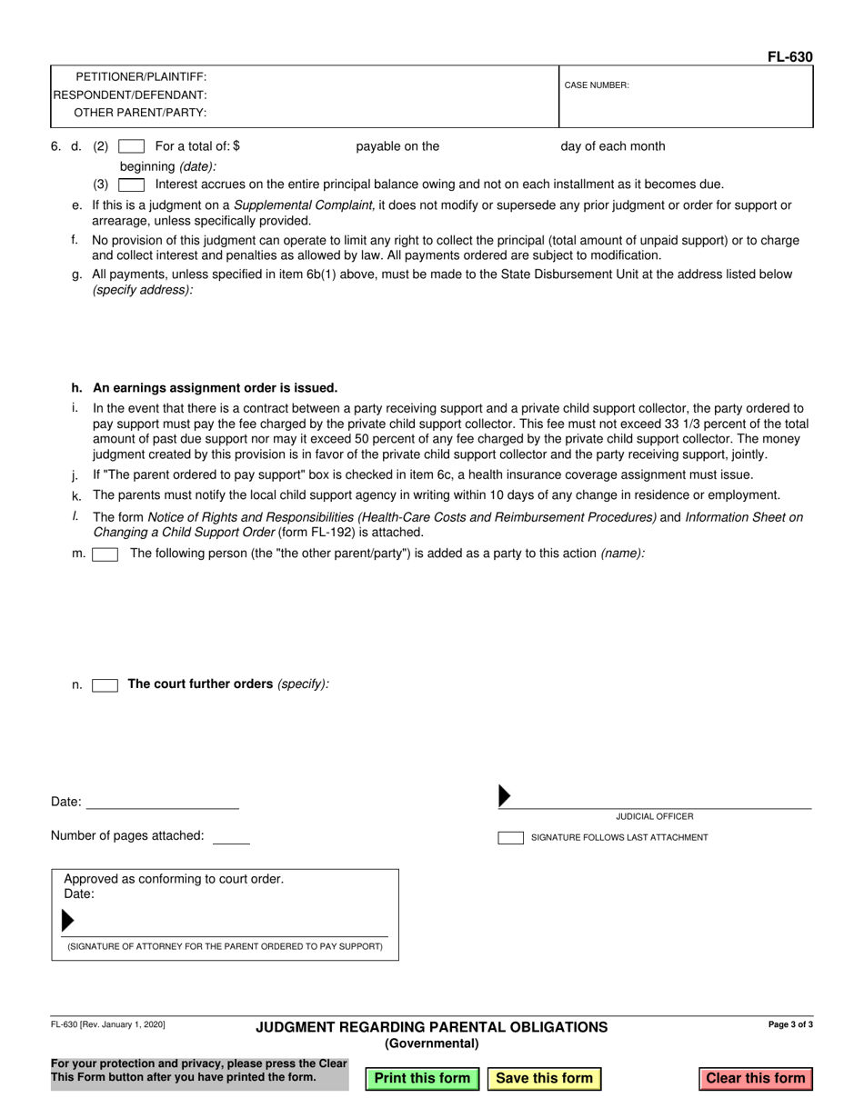 Form FL-630 Judgment Regarding Parental Obligations (Governmental) - California, Page 3