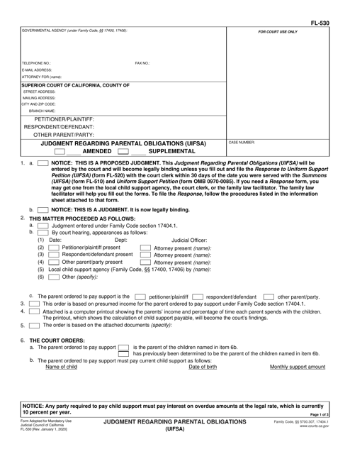 Form FL-530 Judgment Regarding Parental Obligations (Uifsa) - California