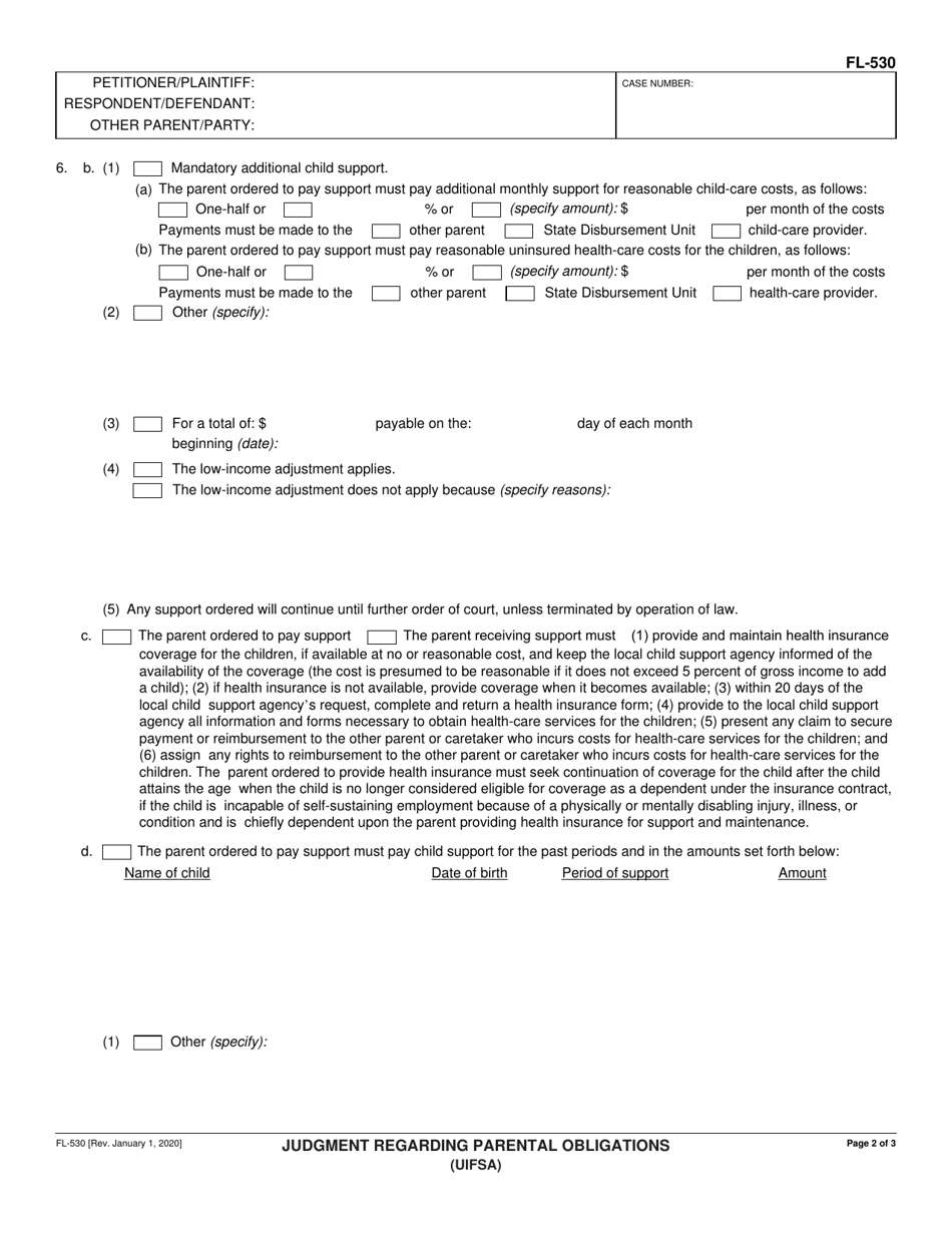 Form FL-530 Judgment Regarding Parental Obligations (Uifsa) - California, Page 2