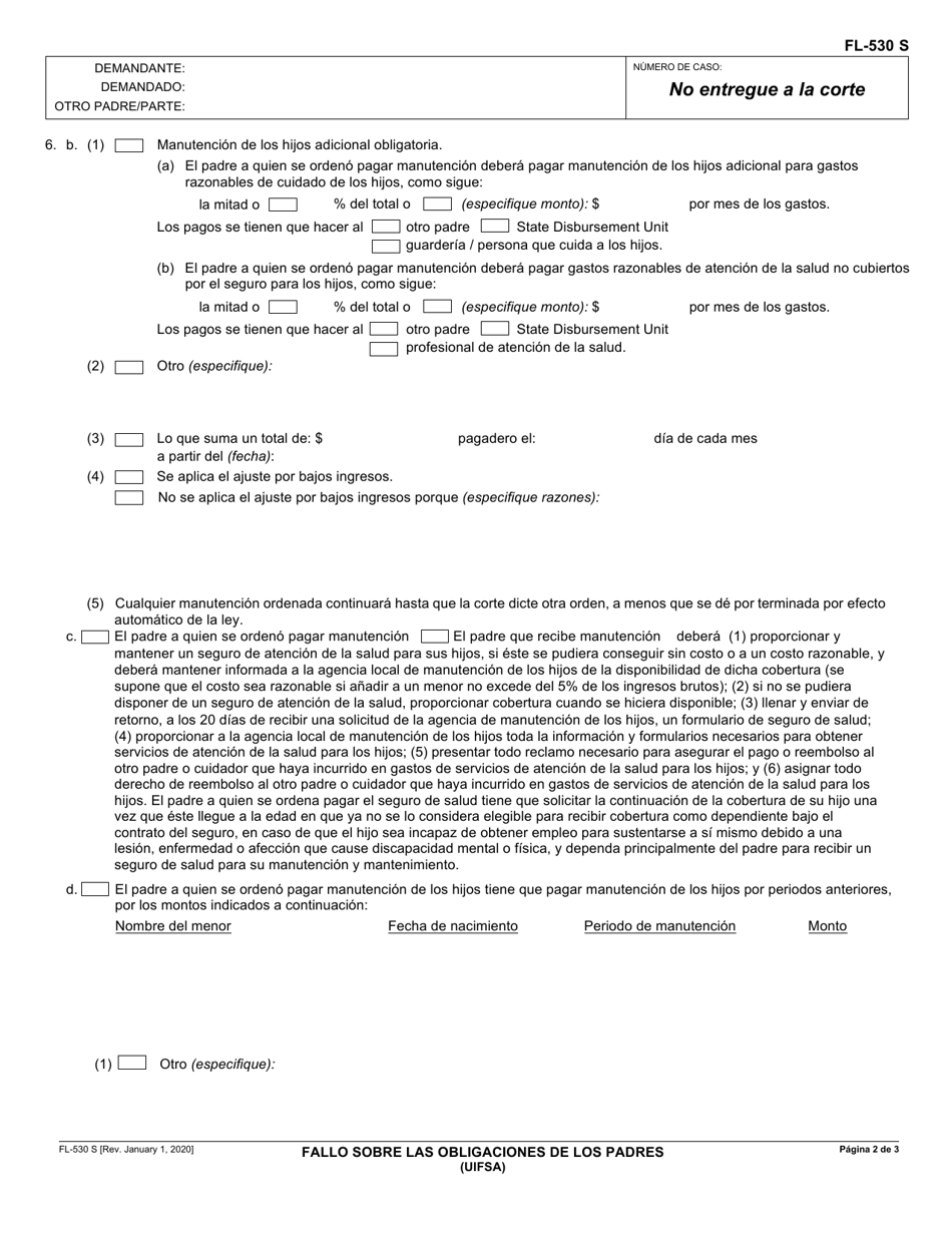 Formulario FL-530 S Fallo Sobre Las Obligaciones De Los Padres (Uifsa) - California (Spanish), Page 2