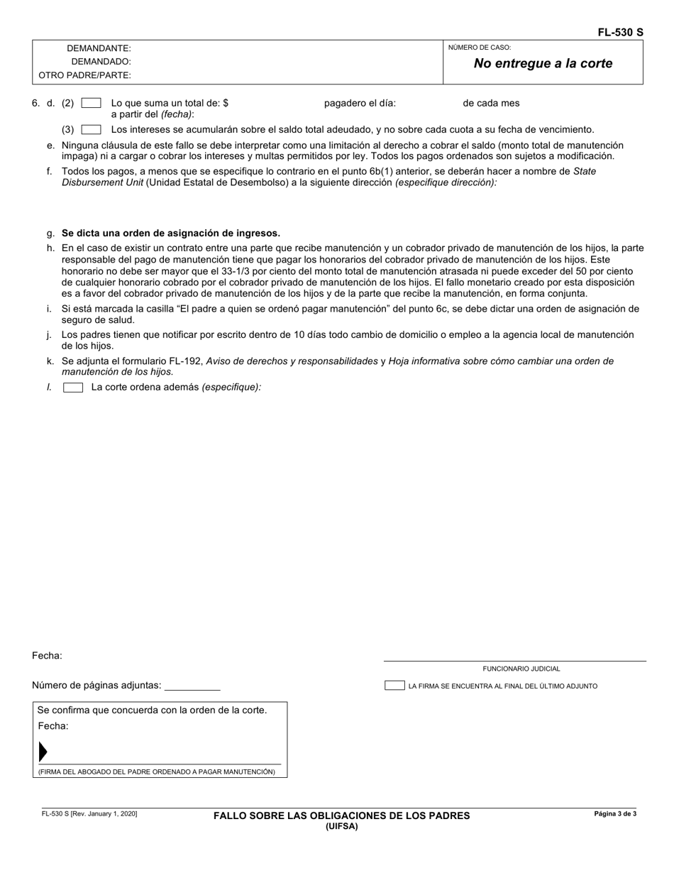 Formulario FL-530 S Fallo Sobre Las Obligaciones De Los Padres (Uifsa) - California (Spanish), Page 3