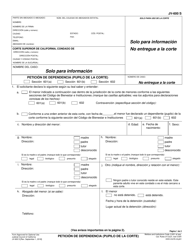 Document preview: Formulario JV-600 S Peticion De Dependencia (Pupilo De La Corte) - California (Spanish)