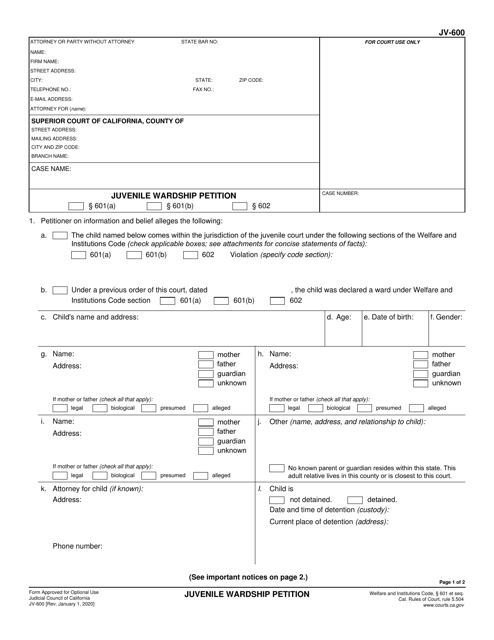 Form JV-600 Juvenile Wardship Petition - California