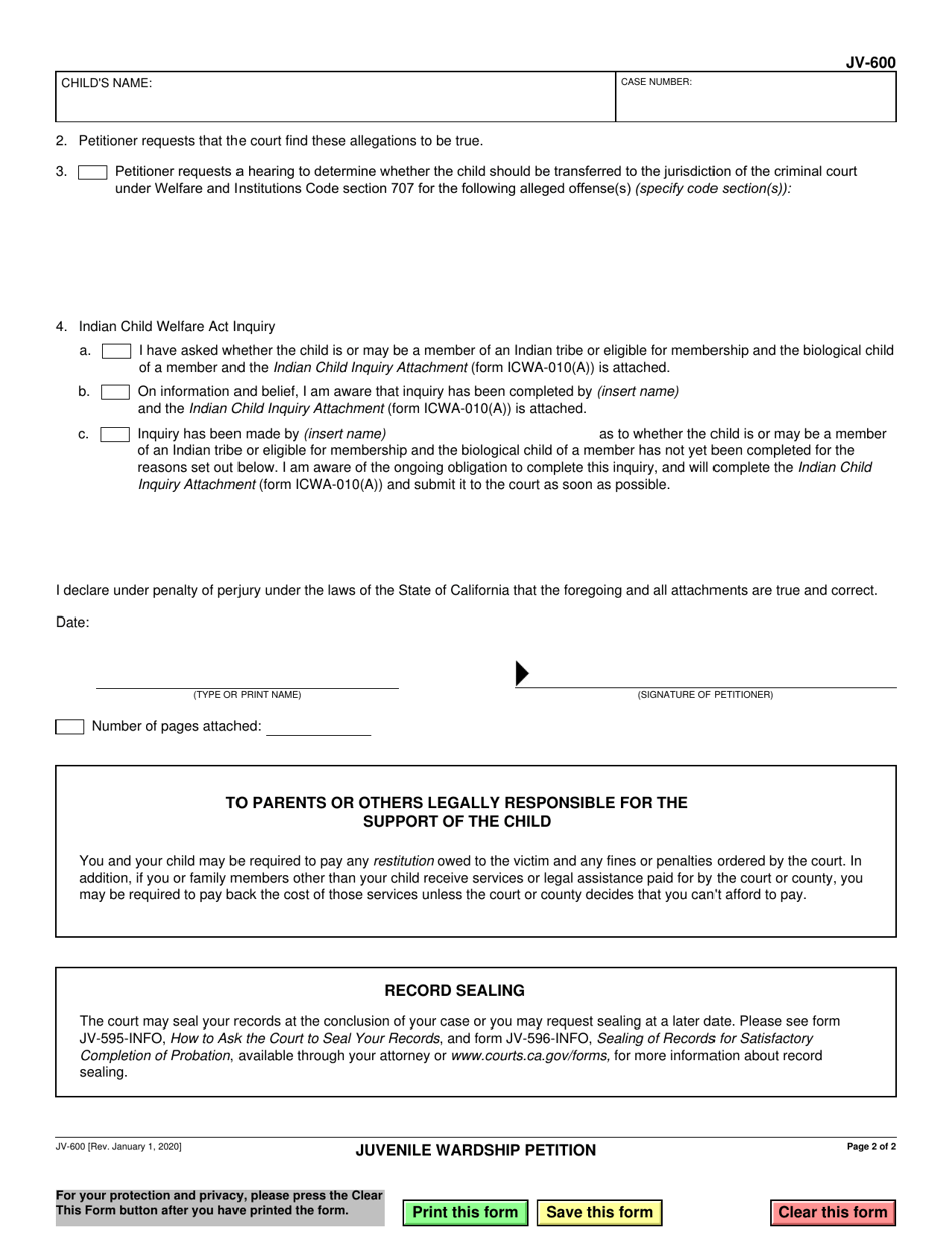 Form JV-600 Juvenile Wardship Petition - California, Page 2