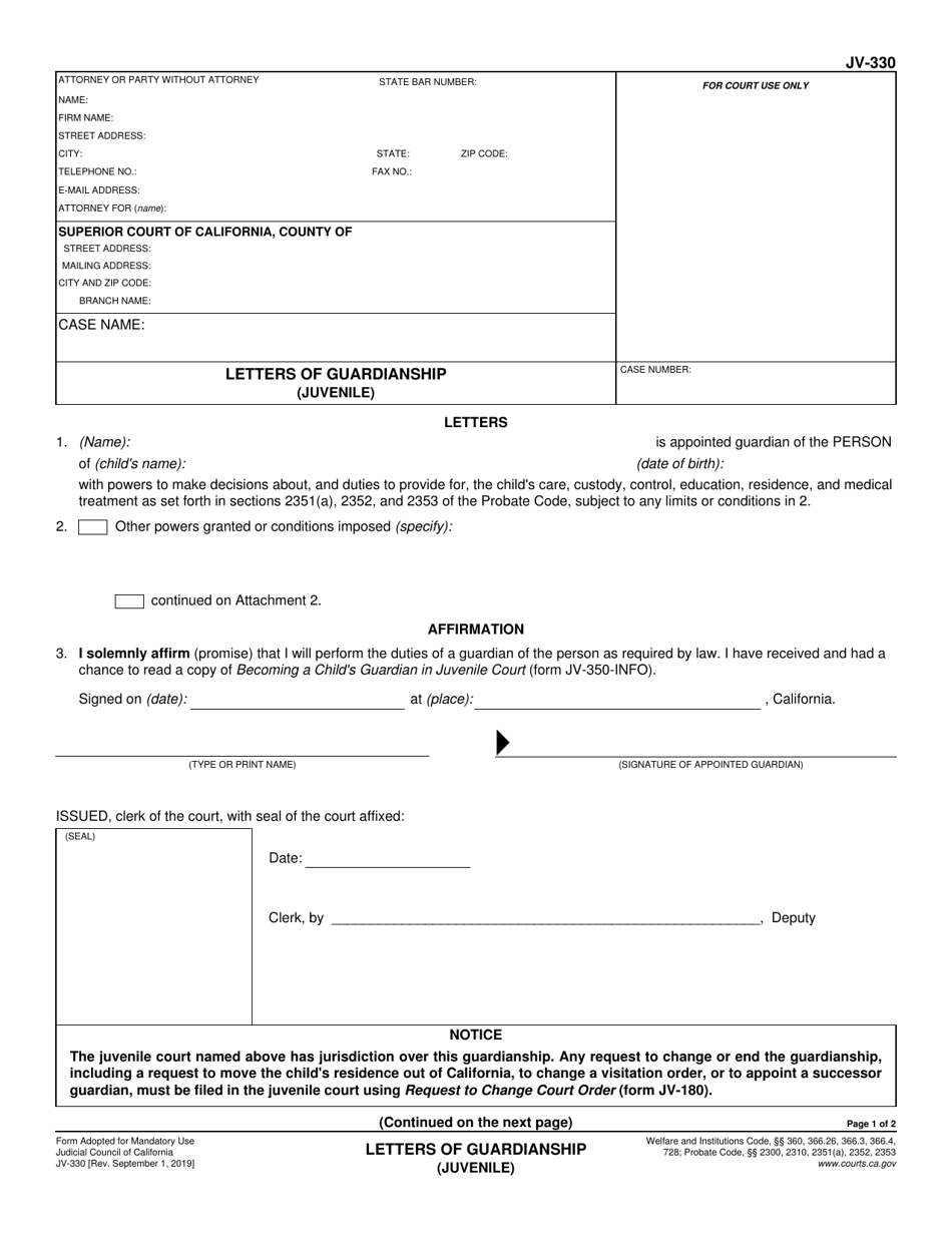Form JV-330 Letters of Guardianship (Juvenile) - California, Page 1