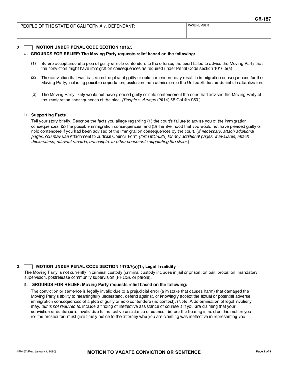 Form CR-187 Motion to Vacate Conviction or Sentence - California, Page 2