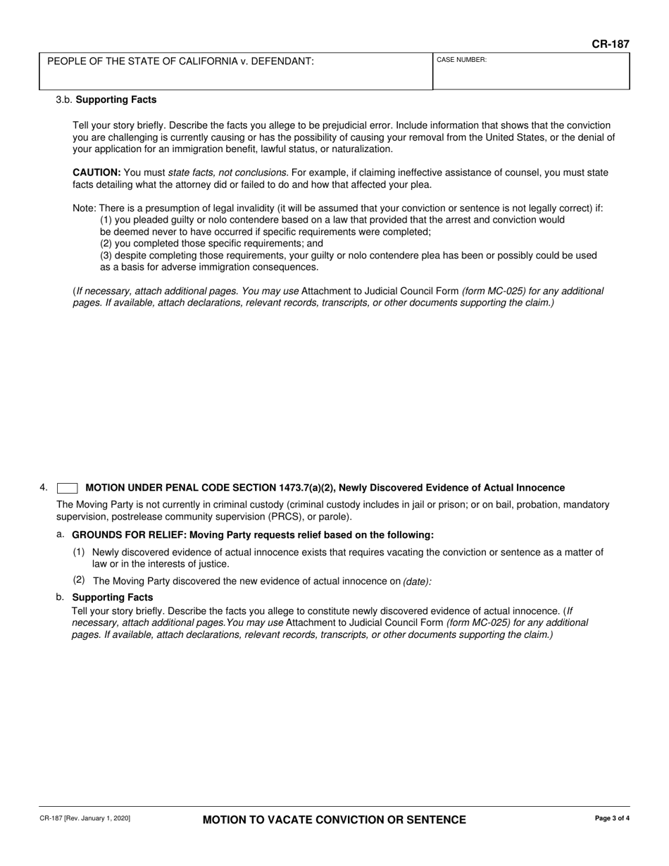 Form CR-187 Motion to Vacate Conviction or Sentence - California, Page 3