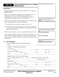 Form CR-134 Notice Regarding Record on Appeal (Misdemeanor) - California