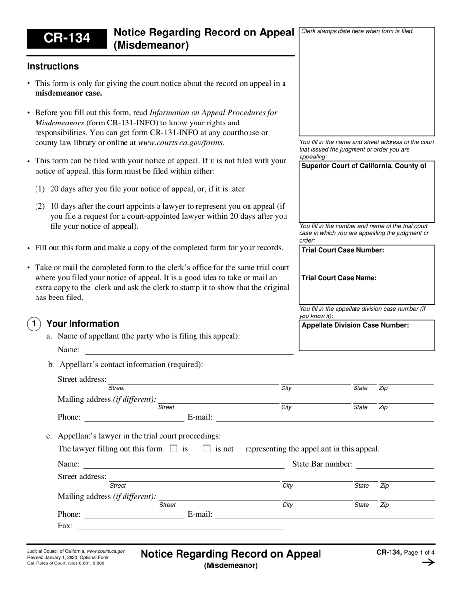 Form CR-134 Notice Regarding Record on Appeal (Misdemeanor) - California, Page 1