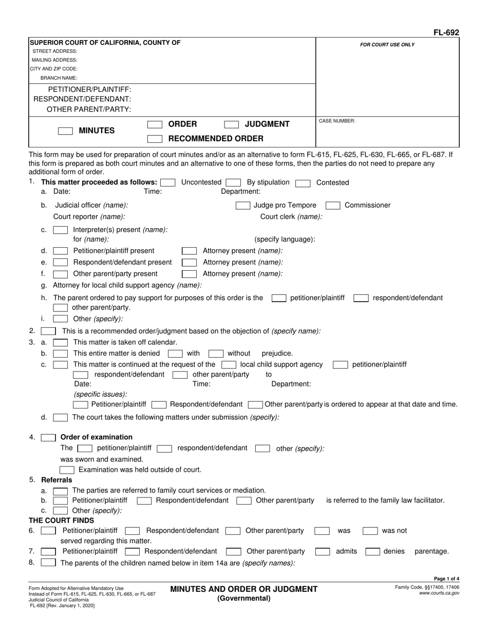 Form FL-692 Minutes and Order or Judgment (Governmental) - California, Page 1