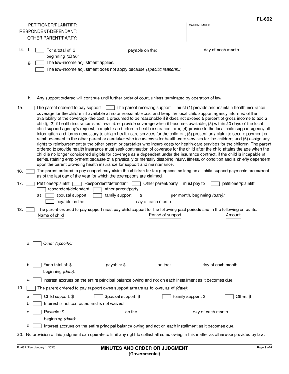 Form FL-692 Minutes and Order or Judgment (Governmental) - California, Page 3