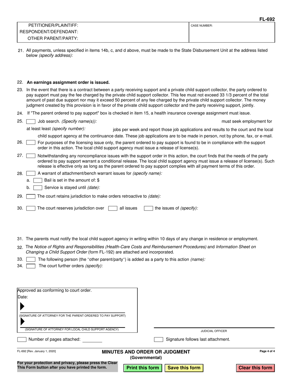 Form FL-692 Minutes and Order or Judgment (Governmental) - California, Page 4