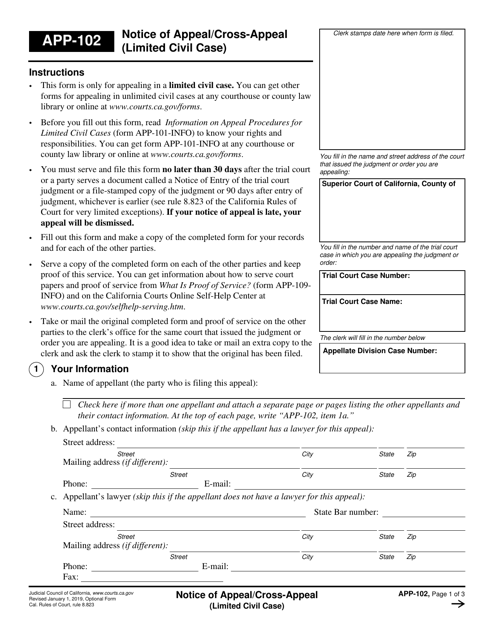 Form APP-102 Notice of Appeal/Cross-appeal (Limited Civil Case) - California