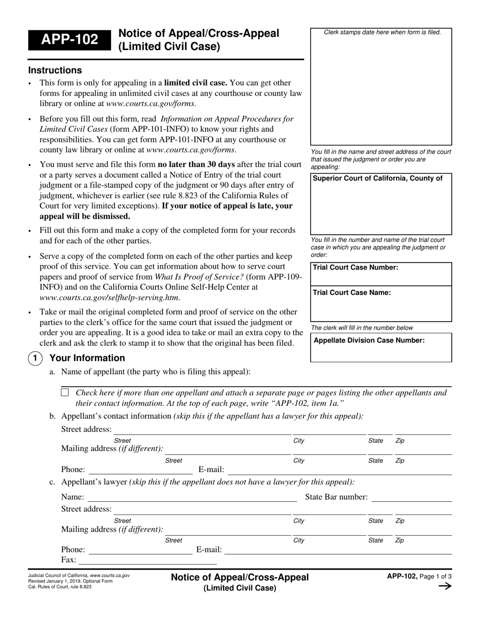 Form APP-102 Notice of Appeal / Cross-appeal (Limited Civil Case) - California, Page 1