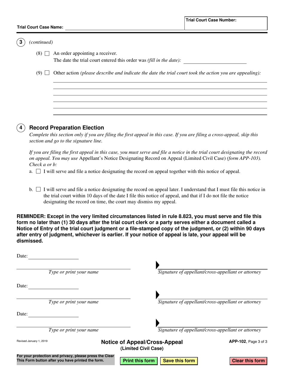 Form APP-102 Notice of Appeal / Cross-appeal (Limited Civil Case) - California, Page 3