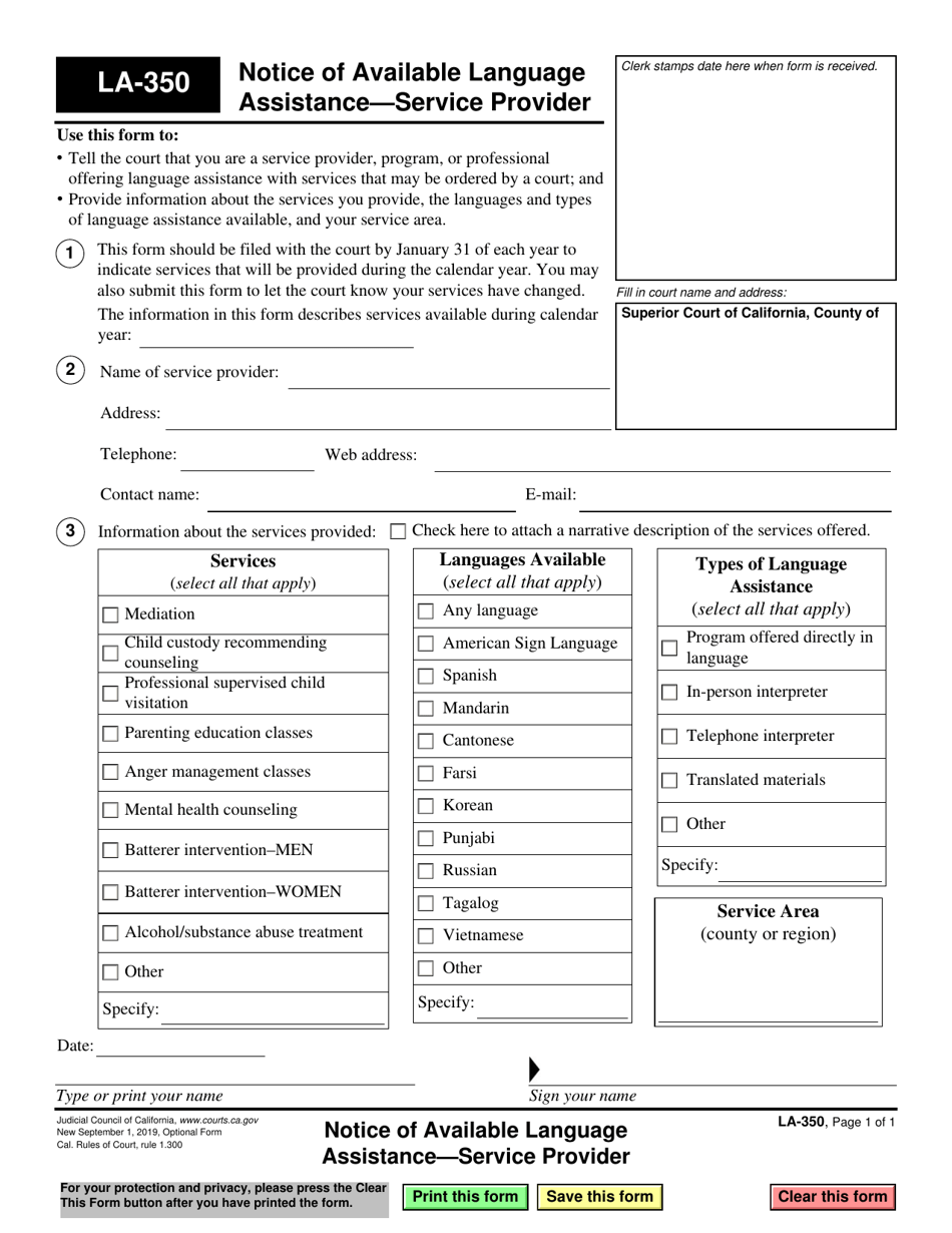 Form LA-350 Notice of Available Language Assistance - Service Provider - California, Page 1