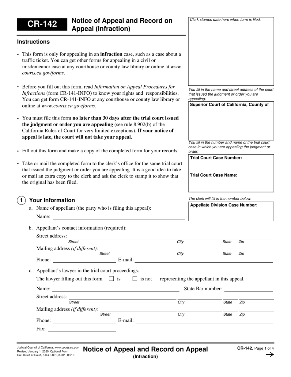 Form CR-142 Notice of Appeal and Record on Appeal (Infraction) - California, Page 1