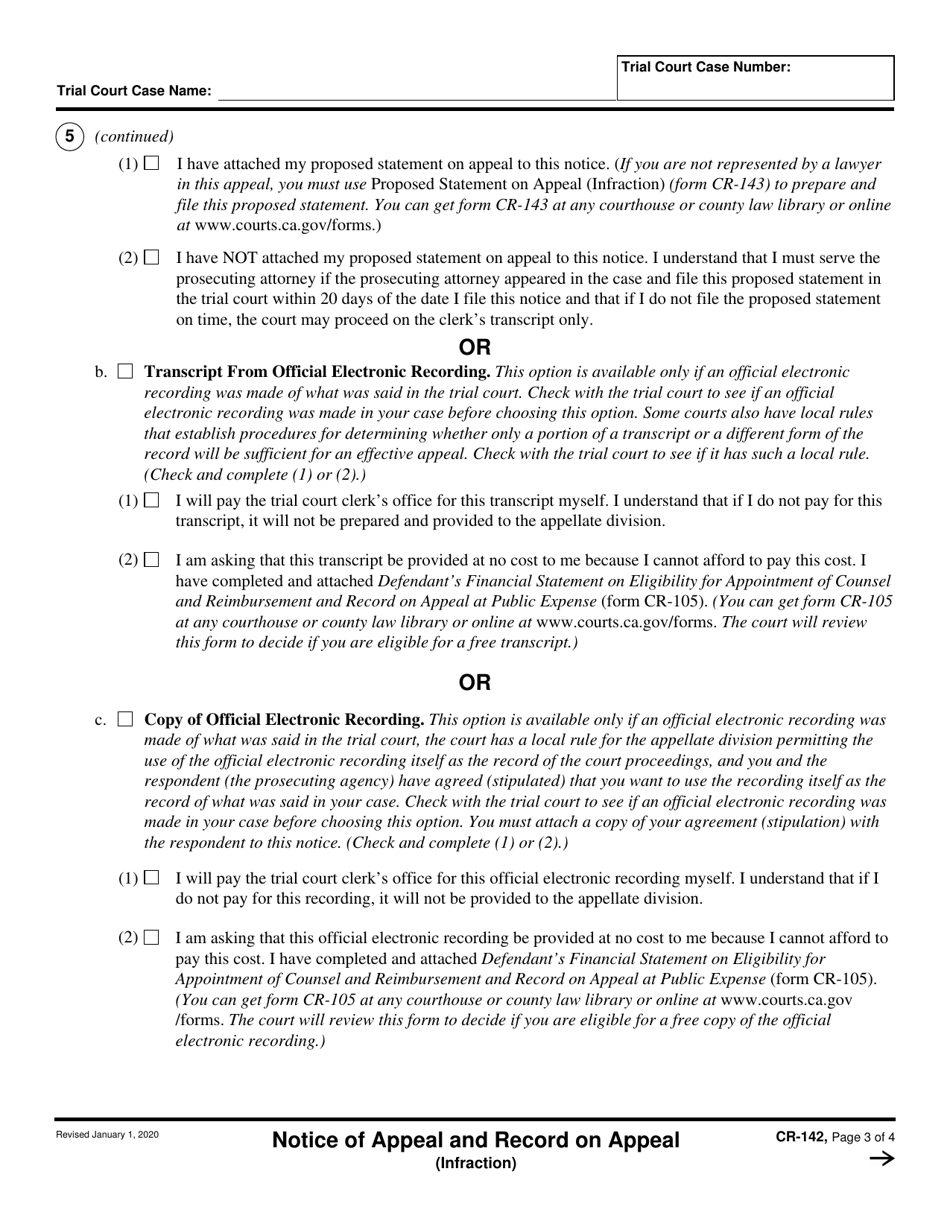 Form CR-142 Notice of Appeal and Record on Appeal (Infraction) - California, Page 3