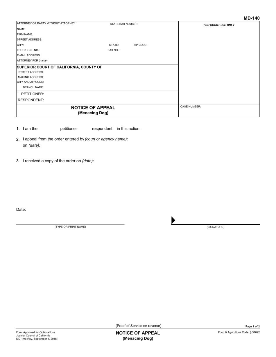 Form MD-140 Notice of Appeal (Menacing Dog) - California, Page 1