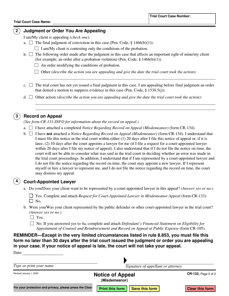 Form CR-132 Download Fillable PDF or Fill Online Notice of Appeal ...