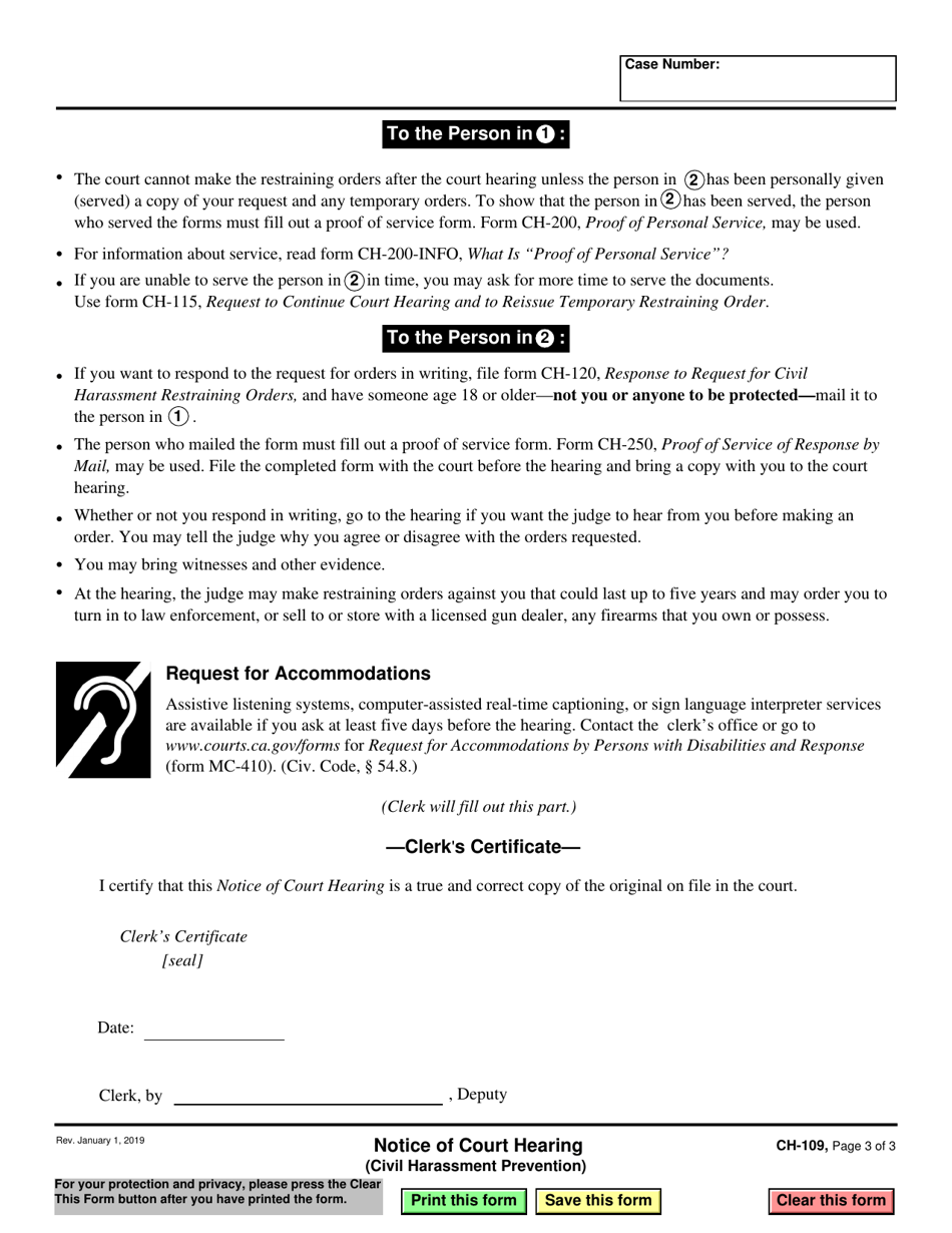 Form CH-109 Notice of Court Hearing - California, Page 3