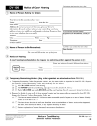 Document preview: Form DV-109 Notice of Court Hearing (Domestic Violence Prevention) - California